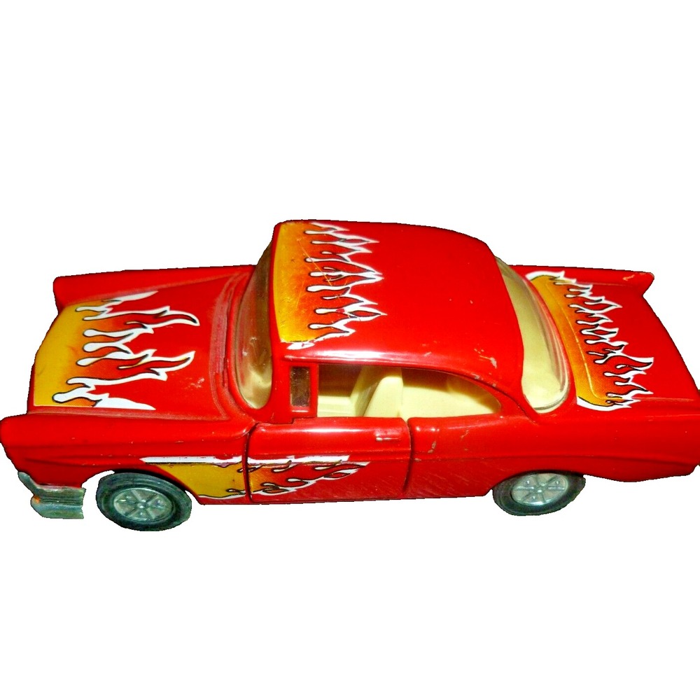 Red 1957 Chevrolet Bel Air Diecast Toy Car with Flame Graphics Opening Doors